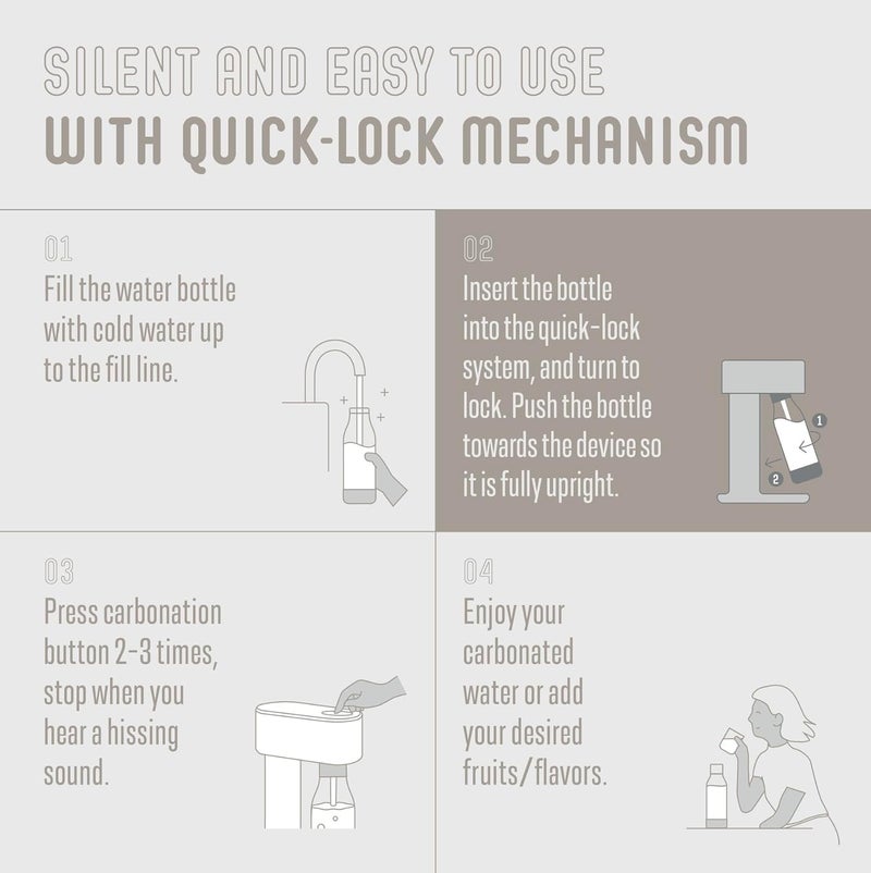 Mysoda Woody Sparkling Water Maker - Soda Streaming Machine Silent Carbonated Water Machine Robust Long-Lasting Aluminium Soda Maker 1L Water Bottle Without CO2 Cylinder - White Soda Machine - Image 5